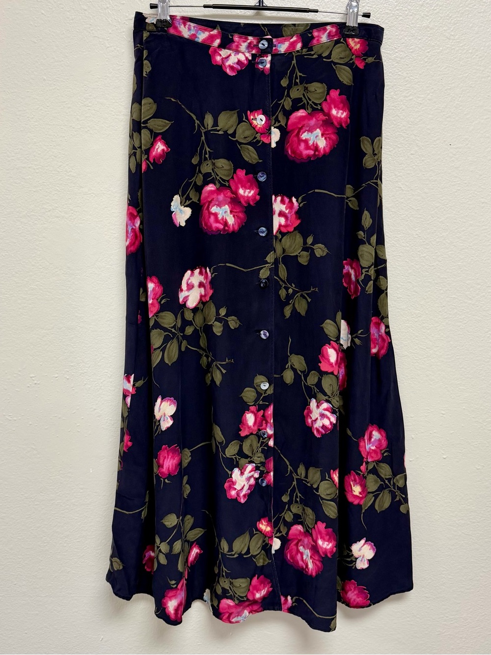 Vintage Donna Karen silk Floral Button-Front black and Pink Maxi Skirt